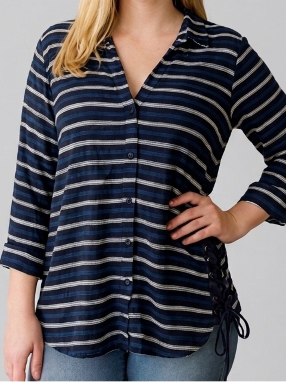 Penningtons Plus Size X Long Sleeve Striped Blouse Corset Lace Hips